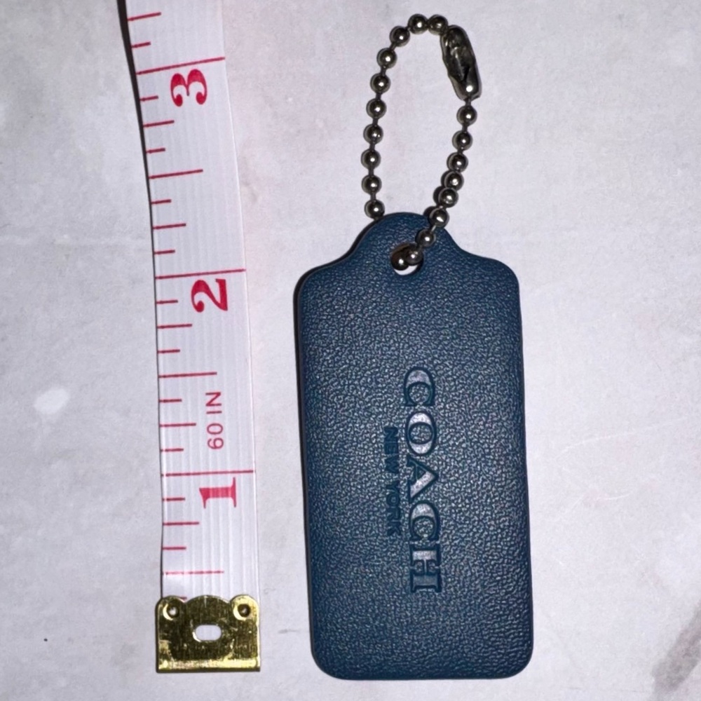 Coach Navy Blue Hangtag Fob Keychain with Silver Ball Chain 2.25” long